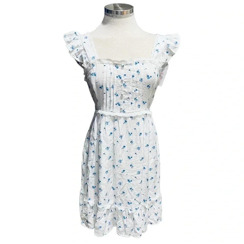 Blu pepper Mini Dress Floral White/Blue Tie on Back Size L NWT